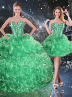 Hot Sale Green Quinceanera Dresses Military Ball and Sweet 16 and Quinceanera with Beading and Ruffles Sweetheart Sleeveless Lace Up