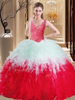 Pretty White And Red Ball Gowns V-neck Sleeveless Tulle Floor Length Zipper Lace and Appliques and Ruffles Military Ball Gowns