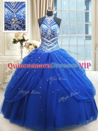 Pick Ups Floor Length Royal Blue Quinceanera Gowns Halter Top Sleeveless Lace Up