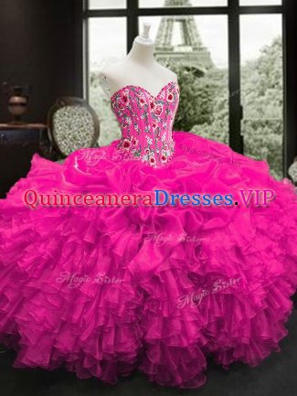 Most Popular Ball Gowns Quince Ball Gowns Fuchsia Sweetheart Organza Sleeveless Floor Length Lace Up