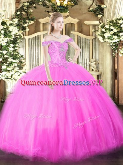 Glorious Fuchsia Ball Gowns Beading Quinceanera Dress Lace Up Tulle Sleeveless Floor Length - Click Image to Close