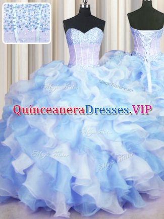 Beauteous Two Tone Visible Boning Sleeveless Lace Up Floor Length Beading and Ruffles Ball Gown Prom Dress