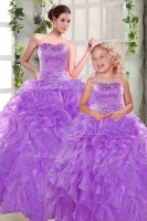 High End Purple Strapless Lace Up Beading and Ruffles Vestidos de Quinceanera Sleeveless