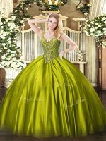 Fantastic Olive Green Ball Gowns Satin V-neck Sleeveless Beading Floor Length Lace Up Quinceanera Dress