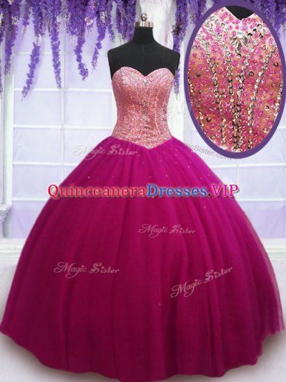 Elegant Sleeveless Floor Length Beading Lace Up 15 Quinceanera Dress with Hot Pink - Click Image to Close