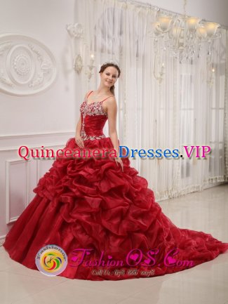 Brand New Wine Red Spaghetti Straps Quinceanera Dress For La Junta Colorado/CO Beading Court Train Organza Ball Gown