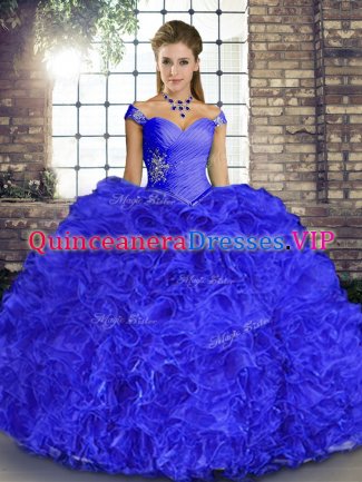 Royal Blue Lace Up Off The Shoulder Beading and Ruffles Quinceanera Gowns Organza Sleeveless