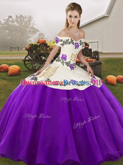 Captivating White And Purple Ball Gowns Off The Shoulder Sleeveless Organza Floor Length Lace Up Embroidery Sweet 16 Dress - Click Image to Close