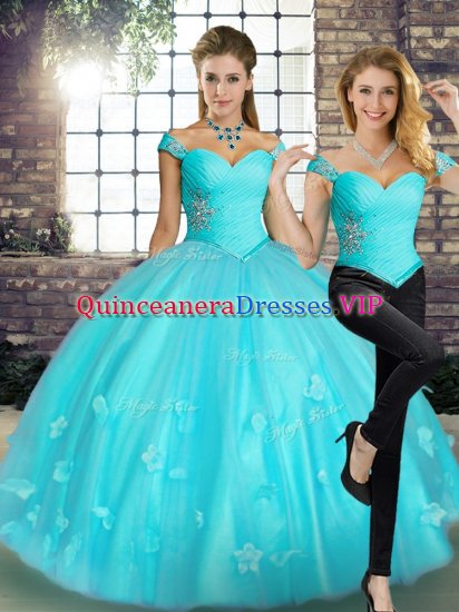 Chic Off The Shoulder Sleeveless Lace Up Ball Gown Prom Dress Aqua Blue Tulle - Click Image to Close