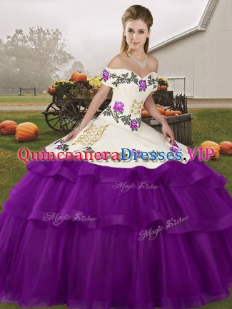 Brush Train Ball Gowns Quince Ball Gowns Purple Off The Shoulder Tulle Sleeveless Lace Up