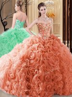 Fashion Floor Length Orange 15 Quinceanera Dress Fabric With Rolling Flowers Sleeveless Embroidery and Ruffles