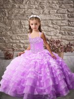 Superior Beading and Ruffled Layers Girls Pageant Dresses Lavender Lace Up Sleeveless Brush Train(SKU PAG1186-12BIZ)