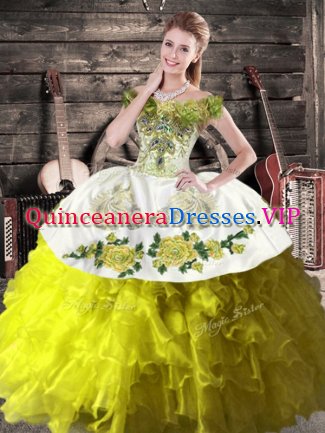 Affordable Olive Green Lace Up Ball Gown Prom Dress Ruffles Sleeveless Floor Length