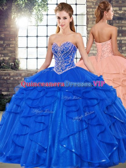 Pretty Royal Blue Ball Gowns Sweetheart Sleeveless Tulle Floor Length Lace Up Beading and Ruffles Ball Gown Prom Dress - Click Image to Close