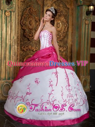 Exquisite Embroidery On Satin Cute Rose Pink and White Strapless Ball Gown For Quinceanera in Black Mountain Carolina/NC