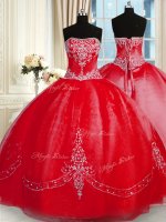 Beading and Embroidery 15th Birthday Dress Red Lace Up Sleeveless Floor Length