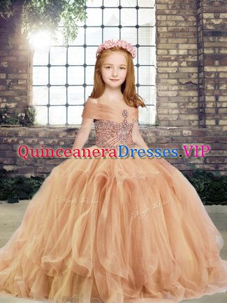 Champagne Ball Gowns Beading Little Girl Pageant Gowns Lace Up Tulle Sleeveless Floor Length