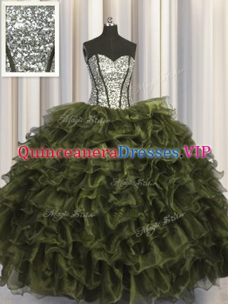 Suitable Visible Boning Olive Green Sweetheart Neckline Ruffles and Sequins Sweet 16 Quinceanera Dress Sleeveless Lace Up