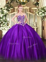 Wonderful Purple Ball Gowns Beading Quinceanera Gowns Lace Up Satin Sleeveless Floor Length