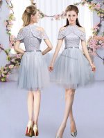 Grey Tulle Zipper Damas Dress Sleeveless Mini Length Lace and Belt