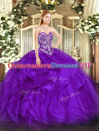 Purple Ball Gowns Organza Sweetheart Sleeveless Beading and Ruffles Floor Length Lace Up 15th Birthday Dress