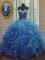 Excellent Floor Length Blue Quinceanera Gowns Organza and Sequined Sleeveless Beading and Ruffles