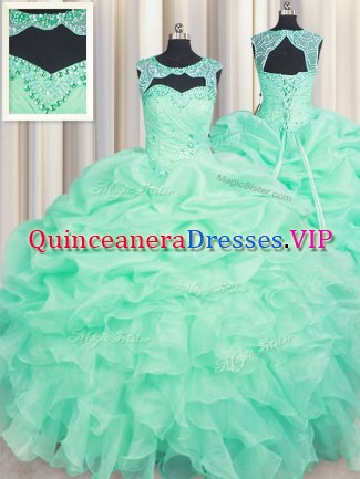 Scoop Apple Green Lace Up Quince Ball Gowns Beading and Ruffles and Pick Ups Sleeveless Floor Length