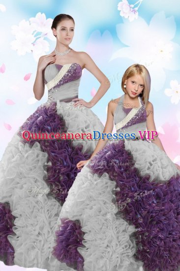 White And Purple Ball Gowns Fabric With Rolling Flowers Strapless Sleeveless Beading and Sequins Floor Length Lace Up Quinceanera Dresses - Click Image to Close