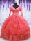 Stunning Long Sleeves Organza Floor Length Lace Up Quinceanera Gowns in Coral Red with Beading and Embroidery