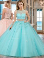 Scoop Beading and Appliques Sweet 16 Dress Aqua Blue Zipper Sleeveless Floor Length