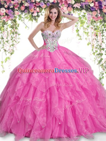 Ball Gowns Quinceanera Gowns Hot Pink Sweetheart Organza Sleeveless Floor Length Lace Up - Click Image to Close