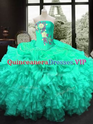 Most Popular Organza Strapless Sleeveless Lace Up Embroidery and Ruffles Quinceanera Dress in Turquoise