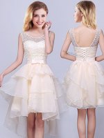 Fabulous Scoop Champagne Lace Up Dama Dress for Quinceanera Lace and Ruffles Sleeveless High Low