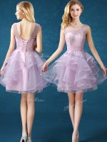 Lavender Organza and Tulle Lace Up Scoop Sleeveless Knee Length Damas Dress Lace