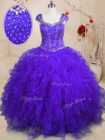 Best Purple Lace Up Square Beading and Ruffles and Sequins 15 Quinceanera Dress Tulle Cap Sleeves