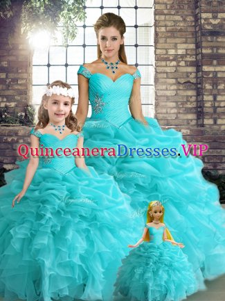 Floor Length Aqua Blue Sweet 16 Dresses Organza Sleeveless Beading and Ruffles and Pick Ups