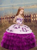 Hot Sale Fuchsia Organza Lace Up Pageant Gowns For Girls Sleeveless Floor Length Embroidery and Ruffled Layers and Bowknot(SKU PAG1281-3BIZ)