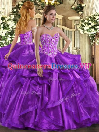 Pretty Embroidery and Ruffles Quinceanera Gowns Eggplant Purple Lace Up Sleeveless Floor Length