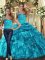 Delicate Teal Two Pieces Ruffles and Pick Ups Quinceanera Gown Lace Up Organza Sleeveless Floor Length