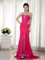 Sweetheart Brush Train Beading Chiffon Column / Sheath Coral Red Quinceanera Dama Dress For Kailua Hawaii/HI(SKU MLXN159BIZ)