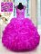 Fuchsia Lace Up Straps Beading and Ruffles 15th Birthday Dress Organza Cap Sleeves