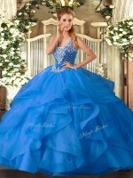 Baby Blue Lace Up Straps Beading and Ruffles Quinceanera Gown Tulle Sleeveless