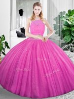 Fuchsia Sleeveless Floor Length Lace and Ruching Zipper Military Ball Dresses For Women