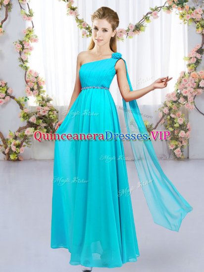 Aqua Blue Empire One Shoulder Sleeveless Chiffon Floor Length Lace Up Beading and Hand Made Flower Vestidos de Damas - Click Image to Close