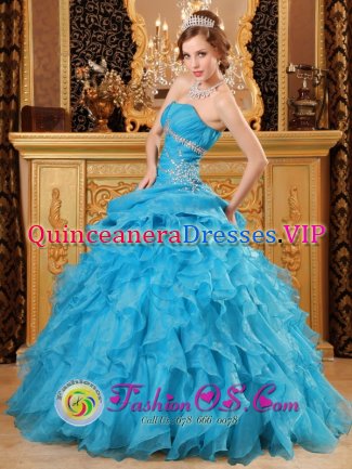 Brookhaven Mississippi/MS Inexpensive Sky Blue Strapless Quinceanera Dress With Beading and Ruffles Decorate