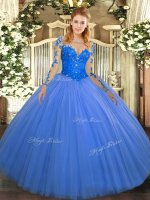 Blue Long Sleeves Tulle Lace Up Quinceanera Gowns for Military Ball and Sweet 16 and Quinceanera(SKU SJQDDT1209002-1BIZ)