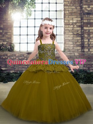 Olive Green Ball Gowns Straps Sleeveless Tulle Floor Length Lace Up Beading Kids Formal Wear