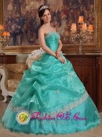 Customize A-line Sweetheart neckline Appliques and Ruch Quinceanera Dresses With Pick-ups In Lochearnhead Central(SKU QDZY400y-1BIZ)