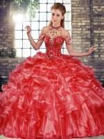 Ball Gowns Sweet 16 Dress Coral Red Halter Top Organza Sleeveless Floor Length Lace Up