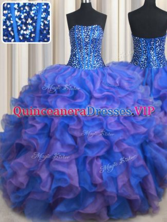 Captivating Floor Length Blue and Purple Quince Ball Gowns Strapless Sleeveless Lace Up